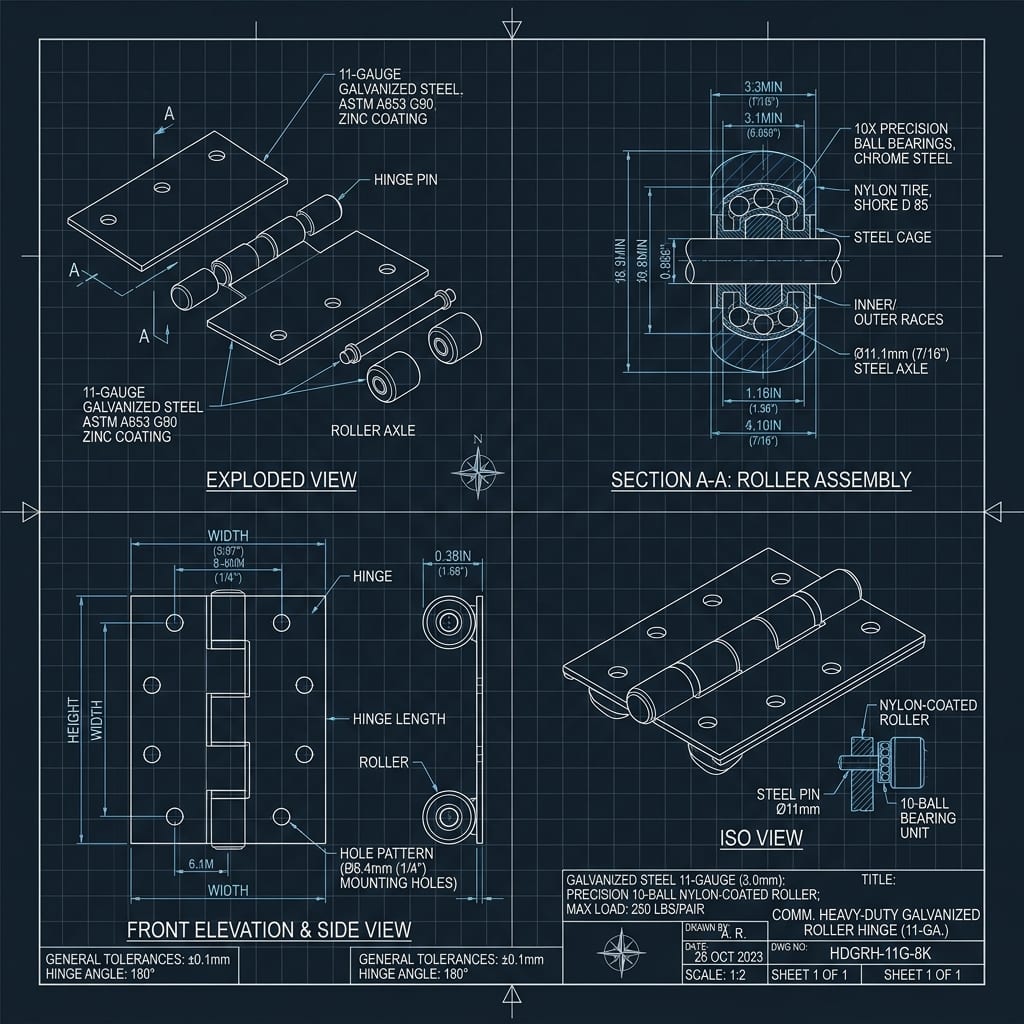 11-Gauge Commercial Roller Hinges with Nylon Rollers Blueprint Schematic | Six Senses Builders