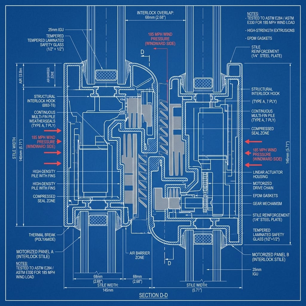 Continuous Multi-Fin Pile Weatherseals on Interlock Stiles Blueprint Schematic | Six Senses Builders